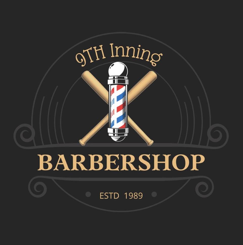 9TH Inning Barbershop logo with barber pole and baseball bats
