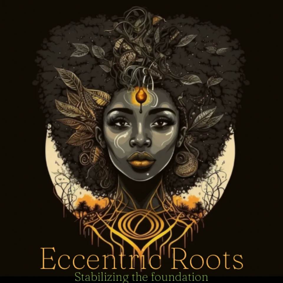 Eccentric Roots illustrated gold logo on black