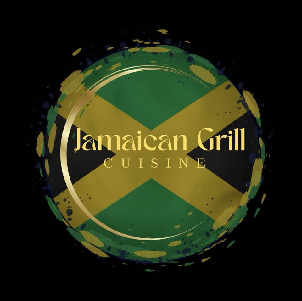 Jamaican Grill Cuisine logo in Jamaican flag colors and gold
