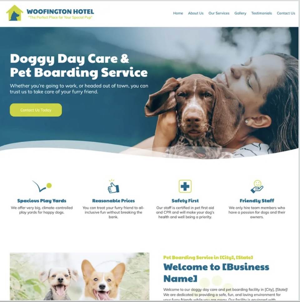 Woofington Hotel doggy day care and pet boarding website